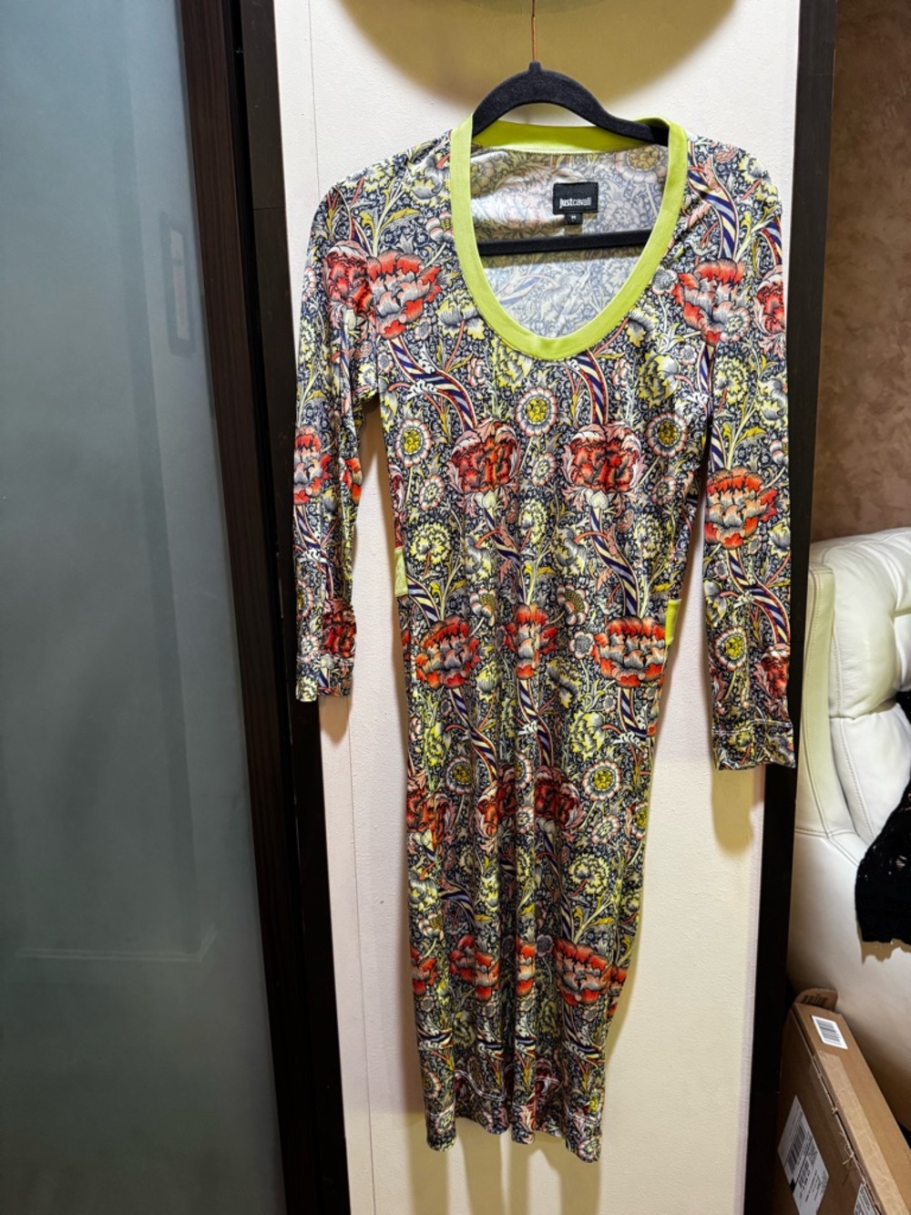 Just Cavalli Floral Long Sleeve Midi Dress in Red, Yellow, Green